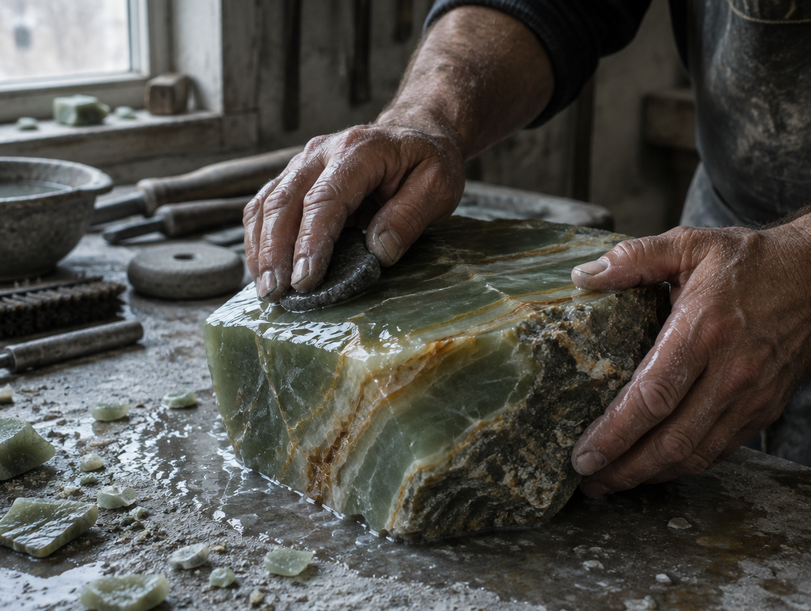 Bloc brut de onix verde lustruit cu apă