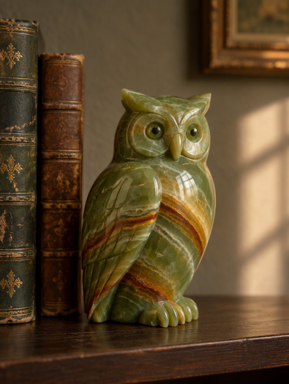 Bufniță sculptată din onix verde, H 13 cm