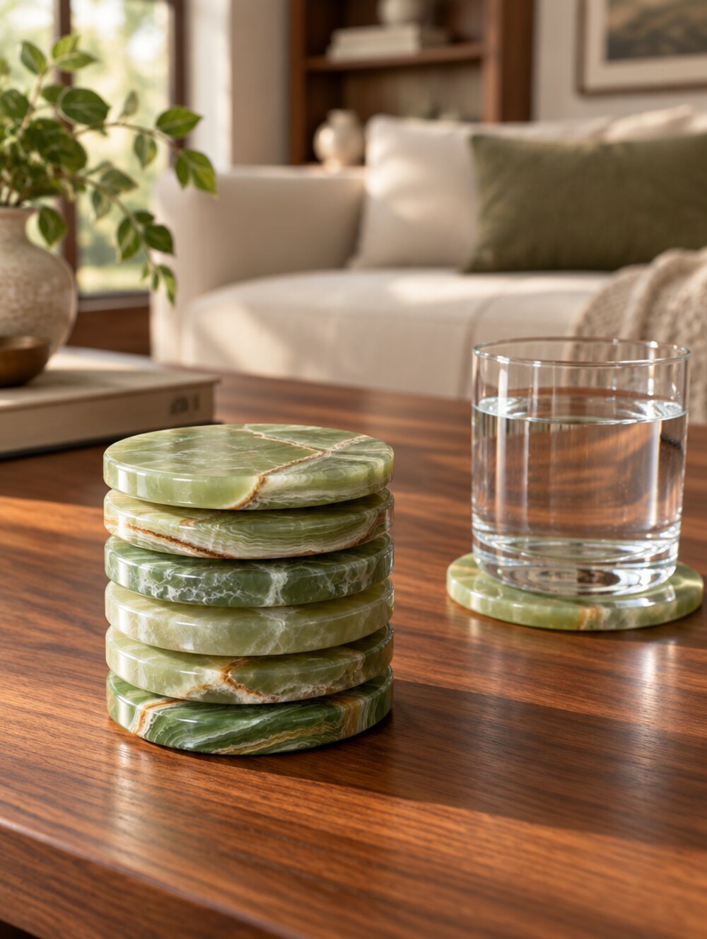Set 6 suporturi de pahar din onix verde, Ø 10 cm