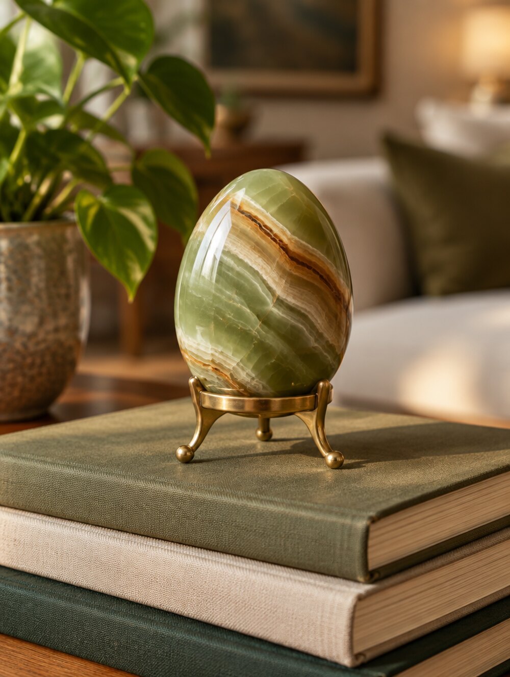 Ou decorativ din onix pe suport de alamă, H 9 cm