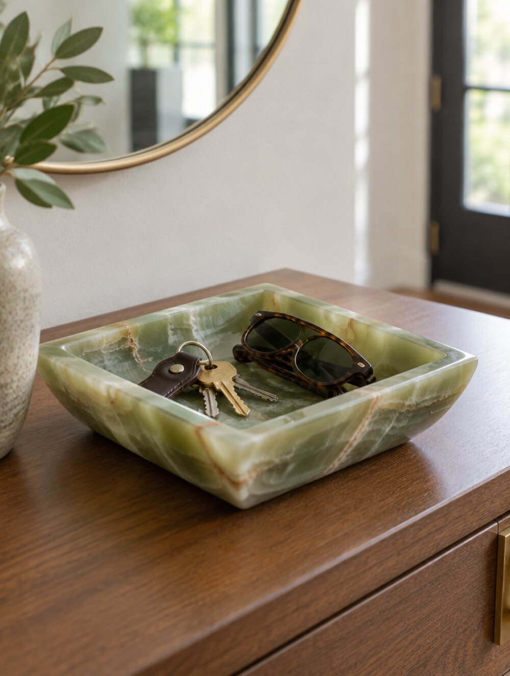 Vas pătrat pentru chei din onix verde, 16 × 16 cm